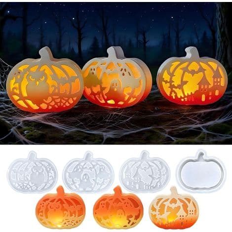 Set med 4 Halloween-pumpaformade silikonformar med Halloween-tema, för gipsgjutning och höstpyssel