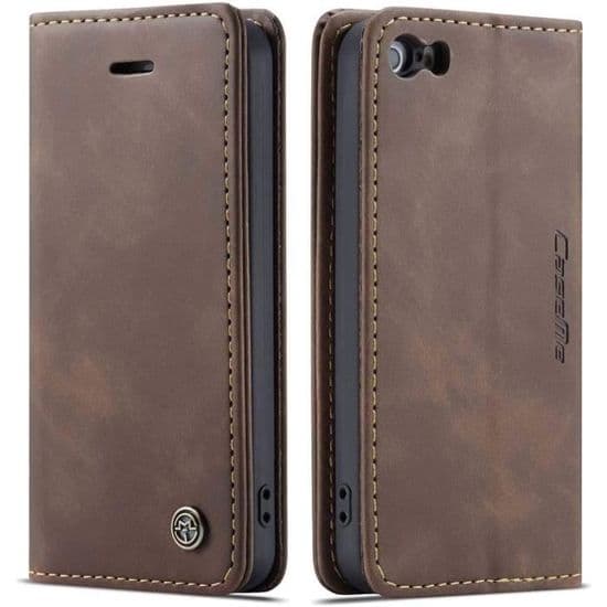 iPhone 5/5S/SE 2016 Cover, Stødsikkert Premium Læder Flip Wallet Cover, Kaffe