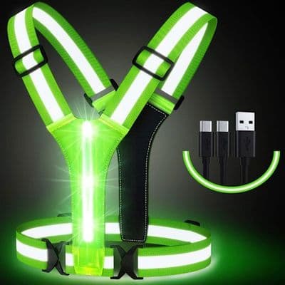 ®RisingFF LED Reflexväst, USB Uppladdningsbar, Justerbar Midja/Axlar - Grön 2-pack