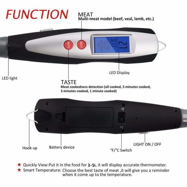 Kødtermometergaffel, grillgaffel med termometer, digital grillgaffel, digitalt stegetermometer