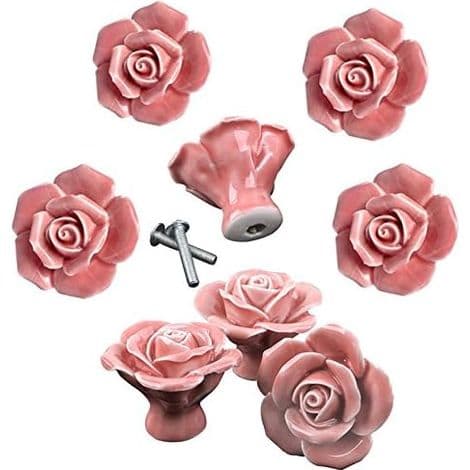 Sæt med 8 elegante keramiske greb med lyserødt rosenmønster, til møbler.