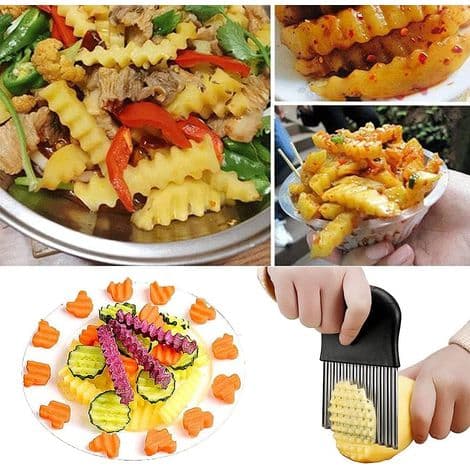 Frieskniv i rustfritt stål med taggete kanter, grønnsakskutter, fruktsalatkutter, svart