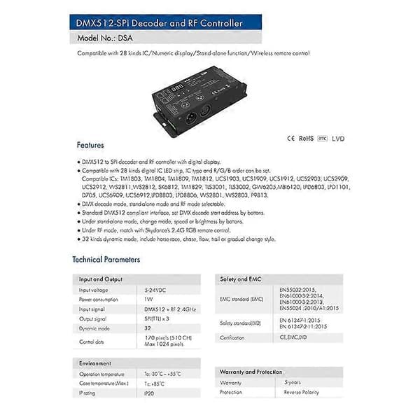 Led DMX512 til SPI Decoder DMX Konverter 1024 Dots TTL Pixel Controller Support 6803/8806/2811/2812/