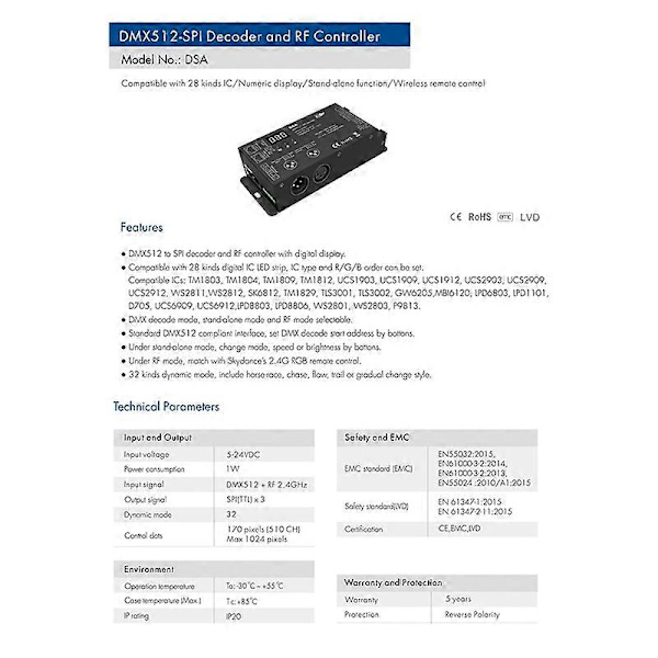 Led DMX512 till SPI Decoder DMX Converter 1024 Dots TTL Pixel Controller Stöd 6803/8806/2811/2812/