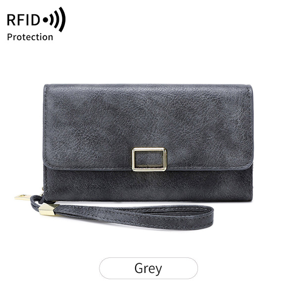 Ny RFID Multifunktionel Dame Trifold Lang Pung Grå