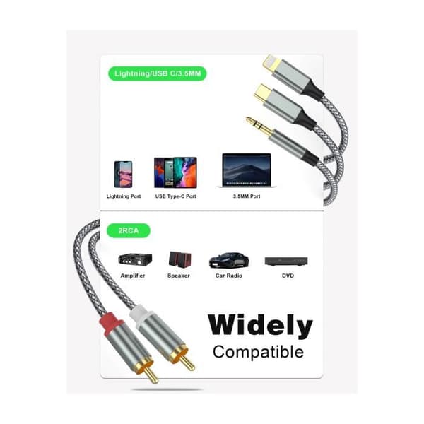 3-in-1-äänikaapeli – 1,3 m – Lightning/RCA/USB-C–RCA/3,5 mm – Auto, kotiteatteri, kaiuttimet – Monipuolinen