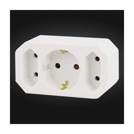 Pluggadapter - 1 jordet plugg + 2 Euro-plugger - Barnesikker - Hvit - 10 x 20 x 20 cm