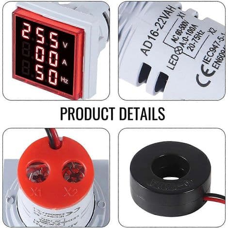 Sæt med 3 digitale 3-i-1 amperemeter-voltmeter (60-500 V, 0-100 A) med LED-display, spændingsdetektor og strømmåler.