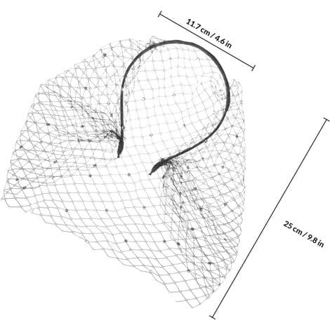 Svart brudehodeplagg i stoff med netting-slør og rhinsteiner