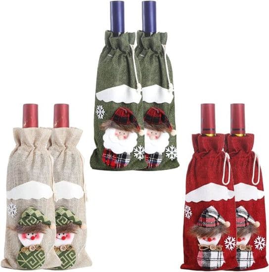 Set med 6 julvinsväskor med flaskärmar, jultomte-, snögubbe- och renmotiv, flaskförpackning, present