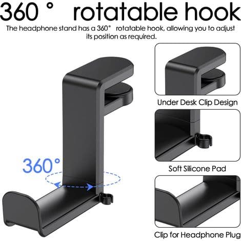 Gaming headsetstativ, justerbart skrivebordsheadsetstativ, clip-on headsetstativ med 360° roterende krok.