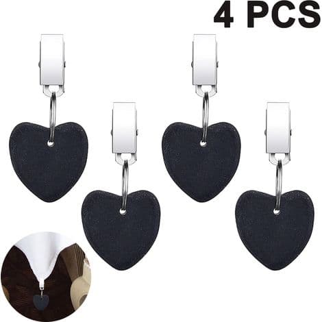 Sæt med 4 hjerteformede dugvægte med clips i rustfrit stål, sort.
