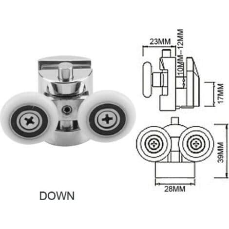 Sæt med 4 dobbeltruller - til skydedør til bruser, 2 x 23 mm diameter zinklegeringshjul til badeværelse -