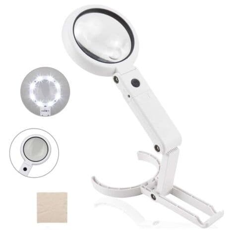 5X/11X belyst håndholdt lupe med stativ og 8 LED-er, leselupe, bordlupe med sammenleggbart stativ, for lesing, inspeksjon, lodding