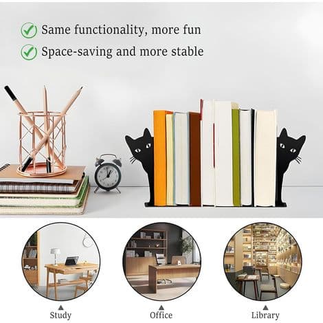 Sæt med 2 bogstøtter i metal, sort katte-design, stabil dekoration til kontor og hjem