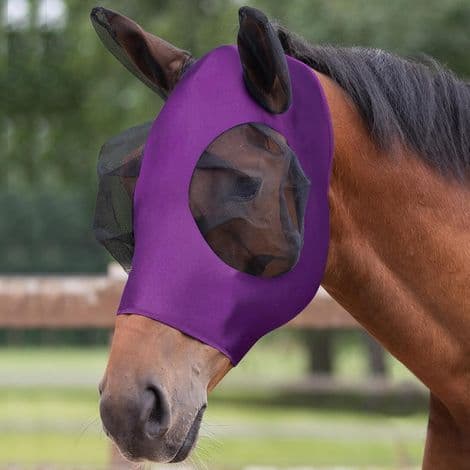 Elastisk fluehette til hest, fluehette i nylon, fluesikker/UV-beskyttelse/øye- og ørebeskyttelse, lilla