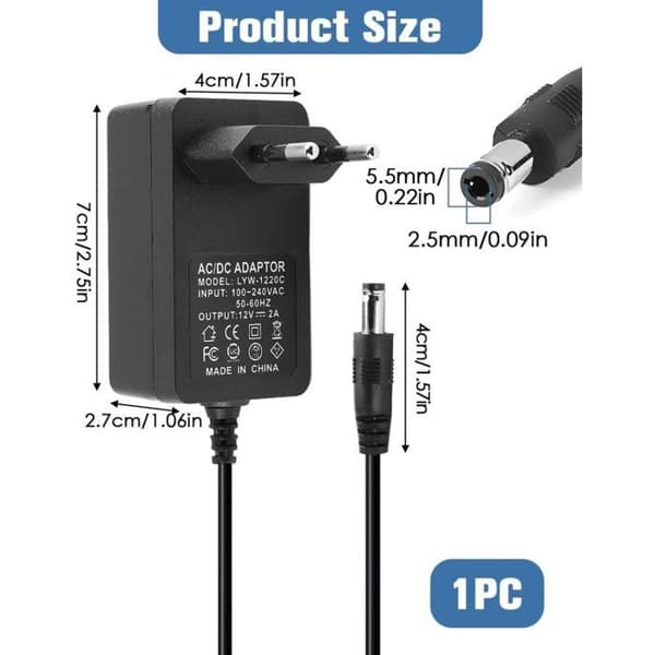 Yleiskäyttöinen verkkolaite - PZCC - 12V 2A - 24W - 5.5mm x 2.5mm - 1.5m kaapeli - Oikosulkusuojaus