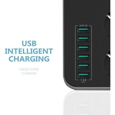 Strømuttak - Skrivebordslader - 3 uttak - 6 USB-porter - Svart