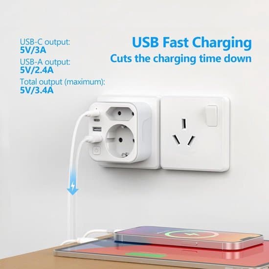 Reiseadapter med USB-C- og USB-A-porter for Australia og Kina