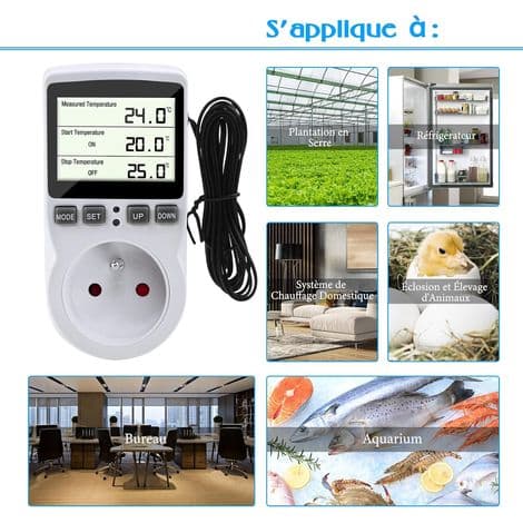 Termostatkontakt, digital temperaturregulator, programmerbar digital kontakt med sond, programmerbar digital timer, termostatkontakt för växthus och