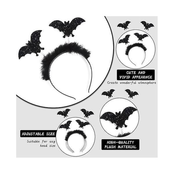 Sæt med 2 Halloween-hårbånd, sorte flagermusformede hårbånd til voksne, kostumer, blødt hårbånd