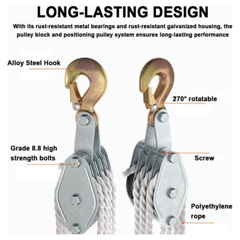 270° roterande repblock - Zinklegeringskrok, manuell lyftanordning i polyeten - för installation av luftkonditionering