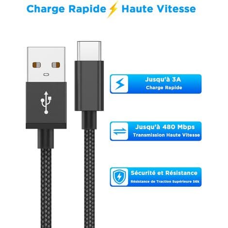 USB-C-kabel [1 m / 2-pakning] – 3A USB-C hurtigladekabel og lader – Flettet USB-A til USB-C-ledning