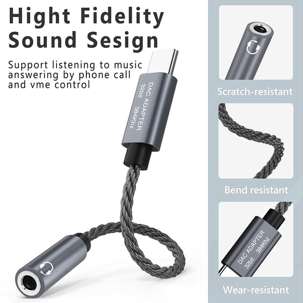 32bit / 384kHz USB-C til 3.5mm Audio Adapter Kabel DAC Adapter Grå