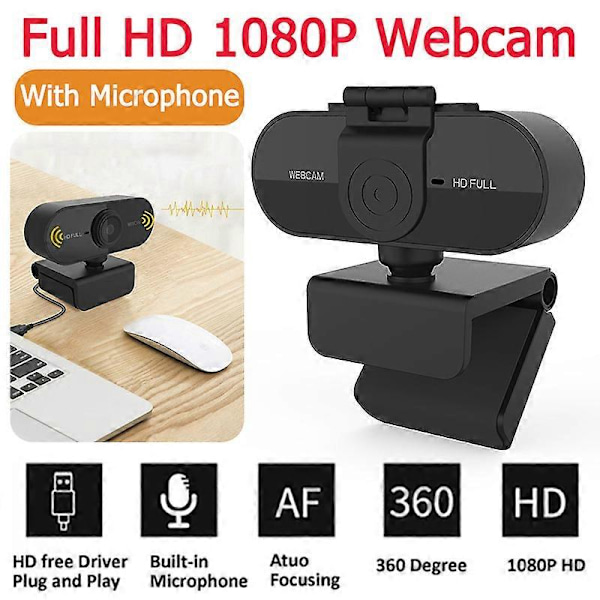Full HD Webbkamera 1080P med Mikrofon Möte Webbkamera Autofokus 360 Graders Drivrutinsfri för Videoinspelning Stationär Dator