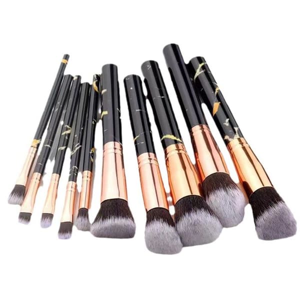 Set med 10 sminkborstar i marmor för foundation, puder, rouge, blending, ögonskugga