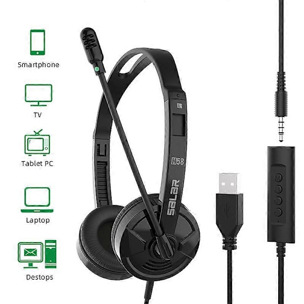 Salar H58 USB-headset med mikrofon, brusreducering & ljudkontroller, Ultra Comfort USB-headset med mikrofon för kontoret