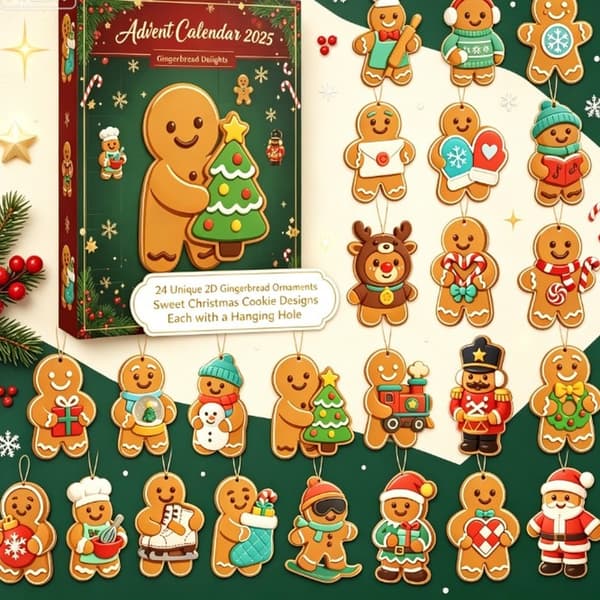 Pepperkakegleder Julekalender 2026, 24-dagers nedtelling til jul med 2D flate pepperkakemann-hengende ornamenter