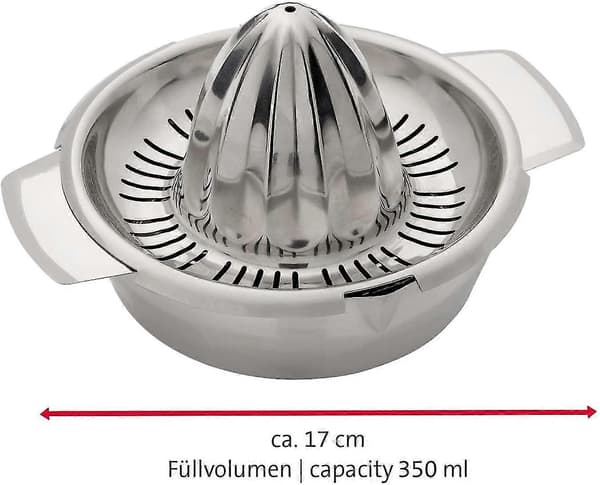 Citron-/citruspresser med beholder, diameter: 13 cm, kapacitet: 350 ml, rustfrit stål, sølv