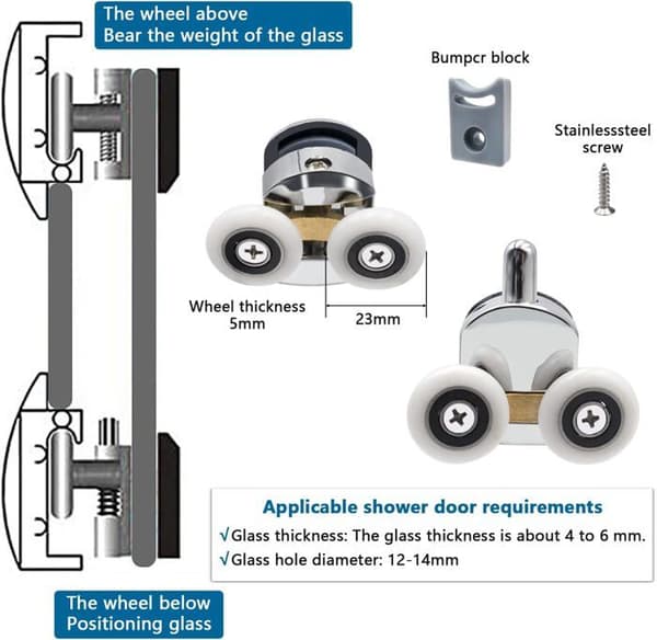 8 stk. 23 mm brusedørsruller, udskiftningsruller til skydedøre, velegnet til 4-6 mm glas