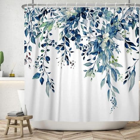 Blå blommig duschdraperi i polyester, mögel- och mögelsäkert, med 12 krokar, snabbtorkande, vattentätt