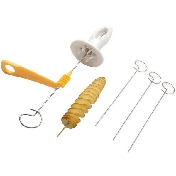 Spiralpotetkuttersett med hullstanse, spiralkutter og tenner, ideelt for grilling og andre fester.