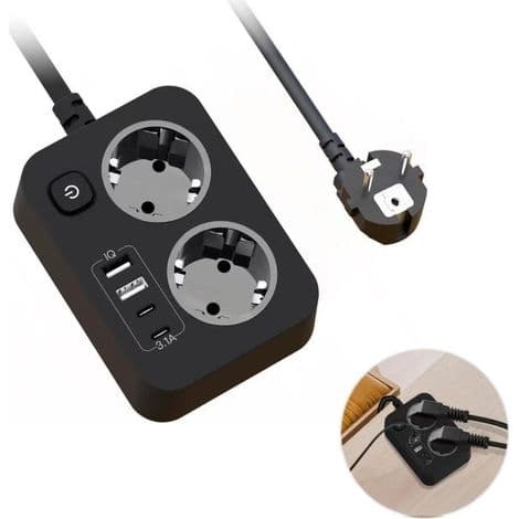 multifunksjonell strømskinne med én stikkontakt og fire USB-porter, ideell for hjem, kontor og reise.