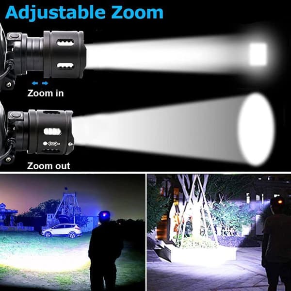 Oppladbar LED-hodelykt - Vanntett, zoombar, 3 moduser (løping, camping, fiske)