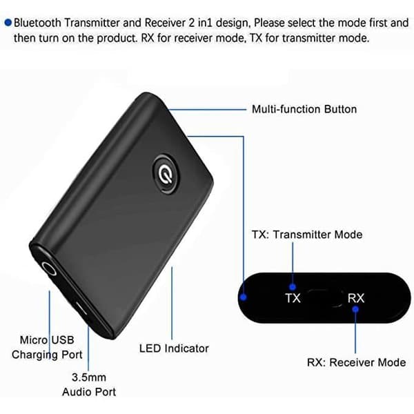 Bluetooth 5.0-adapter sender, 2-i-1 Bluetooth-sender og -mottaker, 3,5 mm stereoutgang