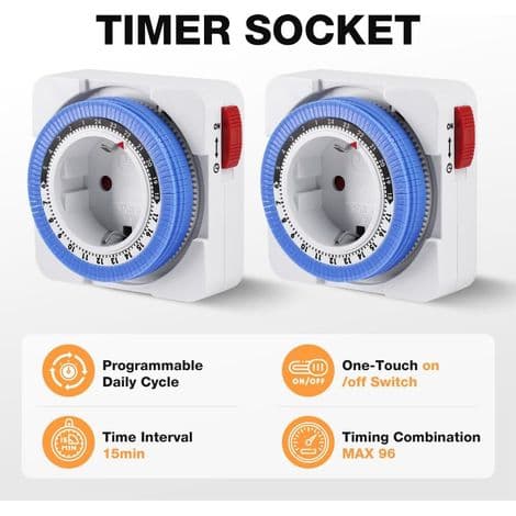 Mekanisk timer, 2 stk. timerstik, indendørs mekanisk programmerbart stik, mekanisk timerkontakt til stik, 24-timers timer