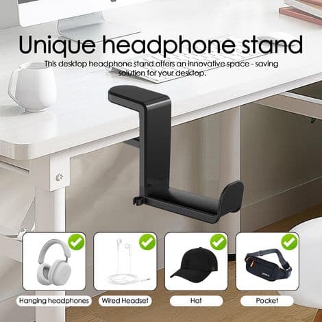 Gaming headsetstativ, justerbart skrivebordsheadsetstativ, clip-on headsetstativ med 360° roterende krok.