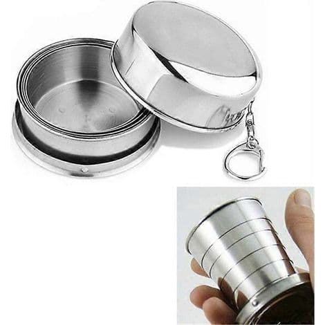 75 ml teleskopisk sammenleggbar kopp i rustfritt stål, ideell for reise og camping.