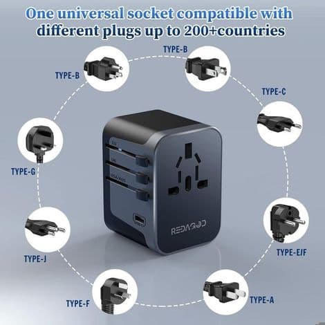 Alt-i-én rejseadapter med 4 USB 5.6A og 1 USB-C, frostet universalstikadapter (Frankrig til Storbritannien, USA)