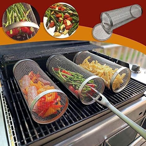 2 stk. 20 cm grillkurv i rustfritt stål, rund grillbur, roterende trommel, bærbar grillrist
