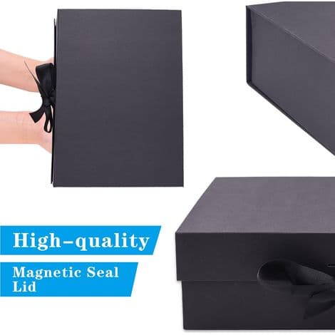 Luksuriøs rektangulær gaveæske lavet af premium bånd med låg, til fødselsdage og jubilæer (26,7 × 19 × 8 cm, sort)