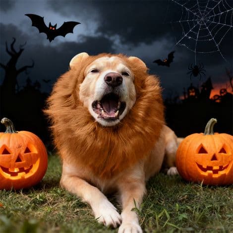 Halloween: Lejonkostym med man och öron för hund M