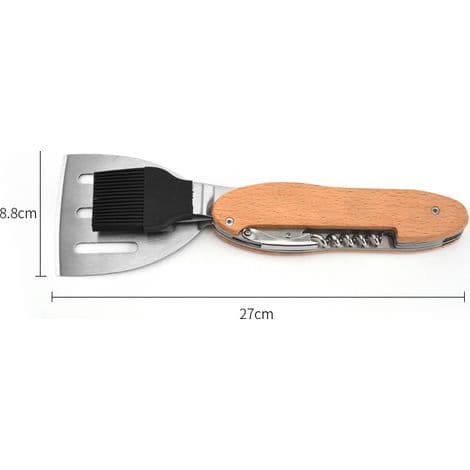 5-in-1 BBQ-välinesarja, sisältäen monitoimihaarukan ja öljypihdit.
