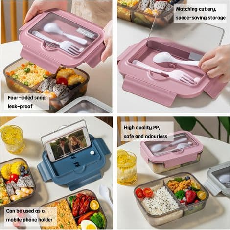 Mikrobølgeovn Bento Matboks, 1400 ml Matboks med 3 Rom og Bestikk, Matboks for Piknik, Arbeid (Blå)
