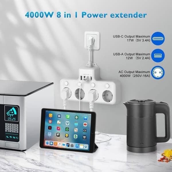 Largeight strømskinne - 4 uttak - 4000W - 16A - 4 individuelle brytere - 3 USB-A, 1 USB-C