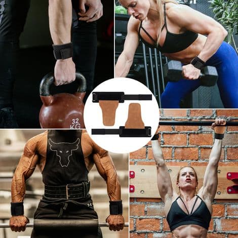 Blåa handlindor i syntetiskt läder för tyngdlyftning och pull-ups, med justerbar rem.